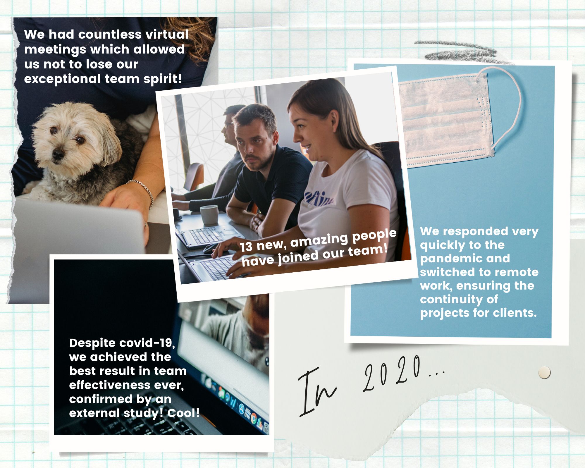 4 pictures from everyday, remote work in AI healthcare company , people in front of a computer, person working with a dog on a lap, call screen