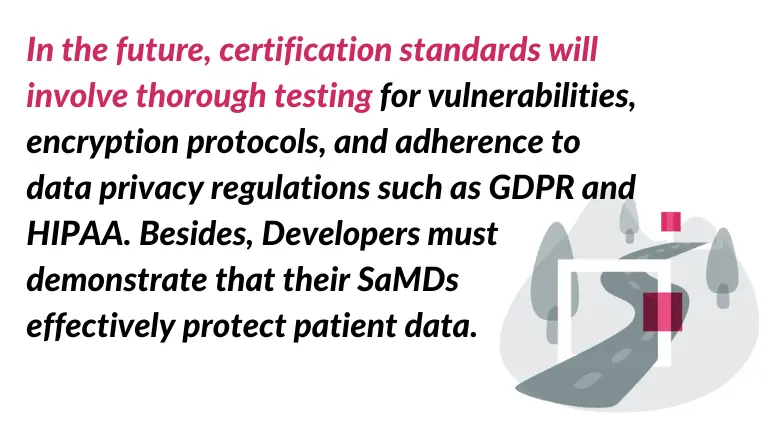 The image depicts a quote about the future od SaMD certification process. There is an icon presents the road with trees.